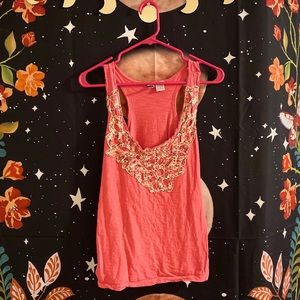 Coral Embroidered Patchwork Fabric Racerback Tank